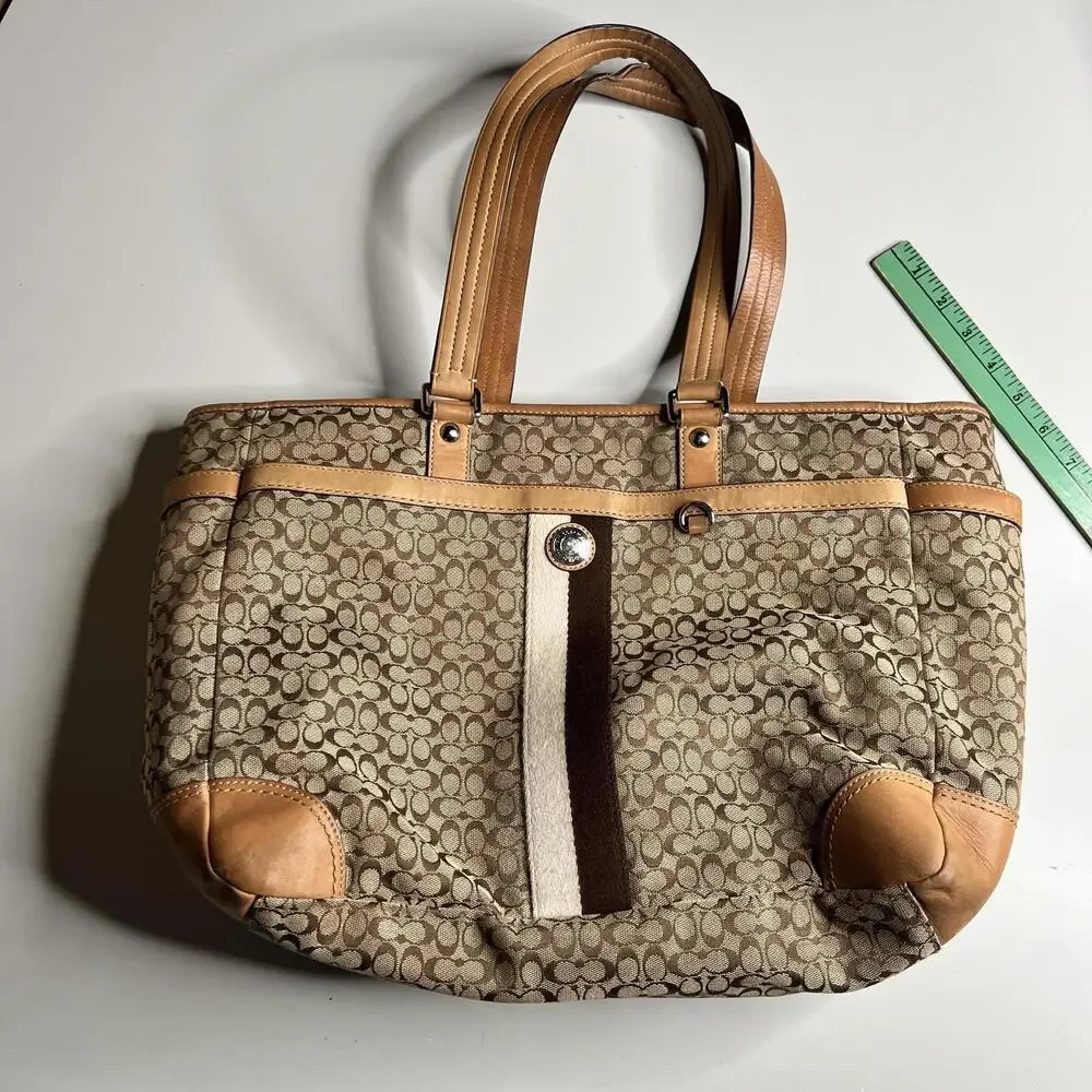 Coach Tote Bag Womens Large‎ Brown Signature Jacquard Leather Shoulder Stripe